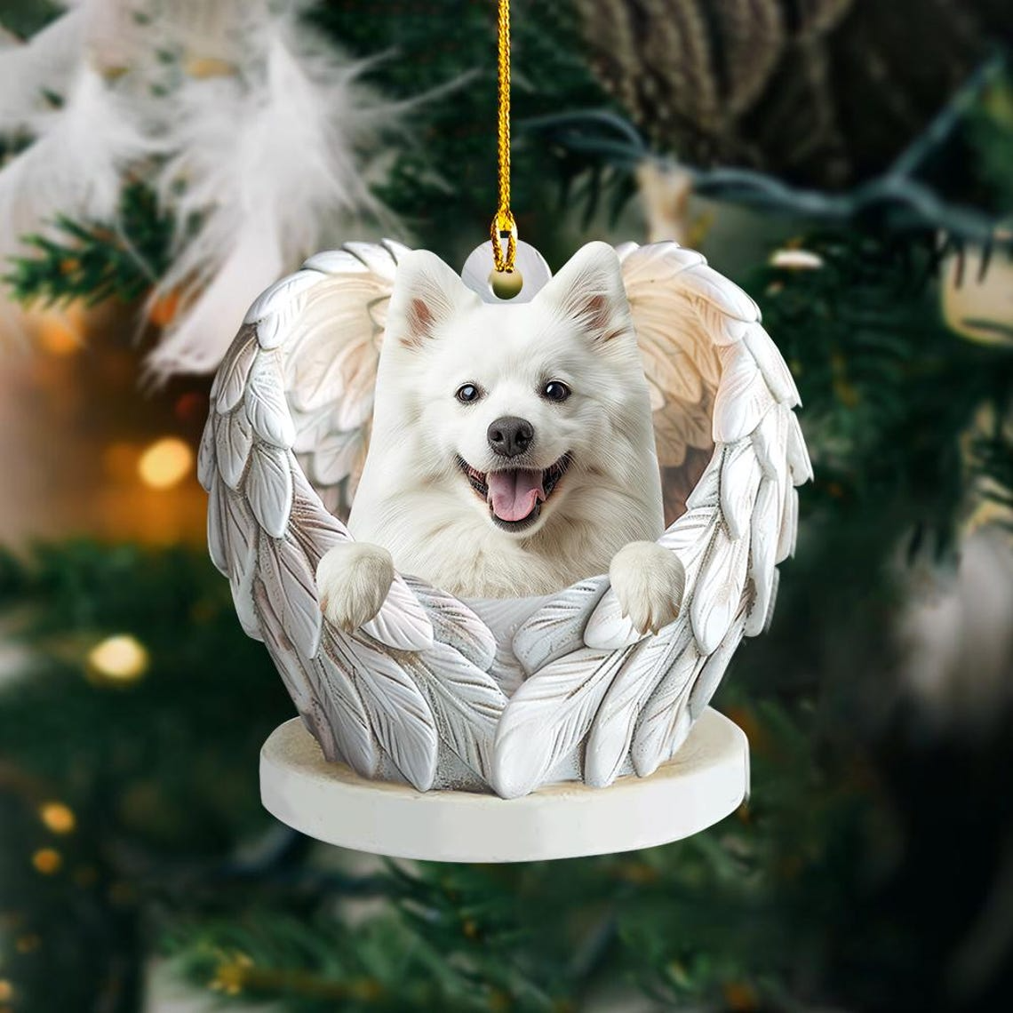 Christmas American Eskimo Dog Angel Wings Ornament, Cute White Dog Flat Hanging Decor Christmas Ornament