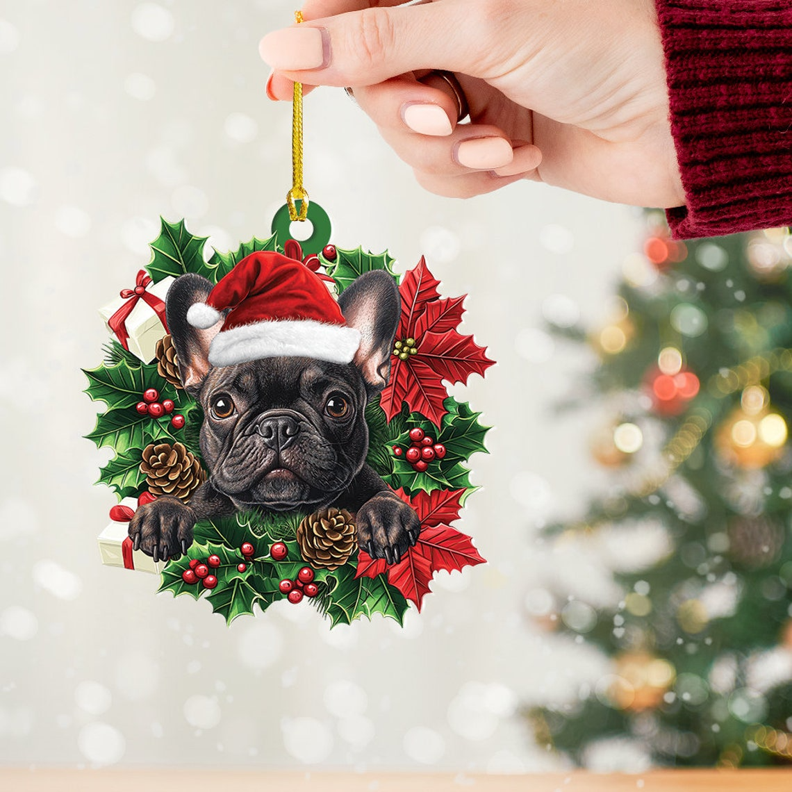 French Bulldog Christmas Wreath Ornament Decor, French Bulldog Christmas Ornament Holiday Gift