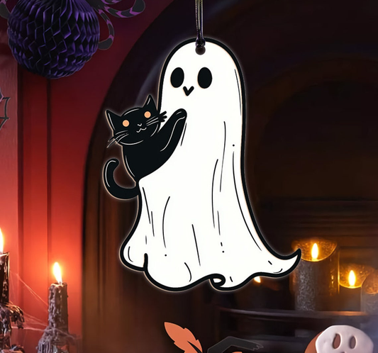 Cute Ghost And Black Cat Halloween Suncatcher Ornament, Cute Ghost Window Hanging Decor