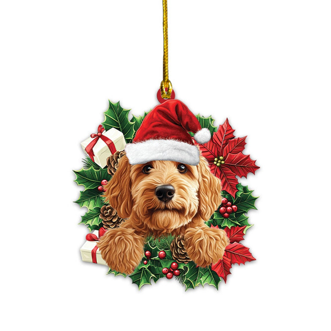 Labradoodle Dog Christmas Wreath Ornament, Labradoodle Dog Christmas Ornament Decor Gift