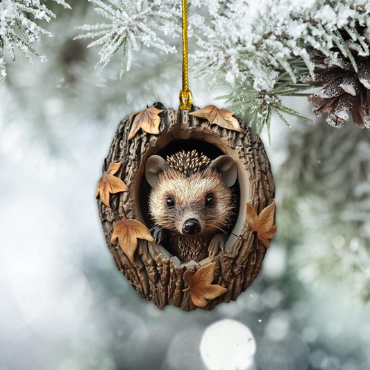 Hedgehog Christmas in a Hollow Tree Ornament, Hedgehog and Leavers Fall Hanging Ornament