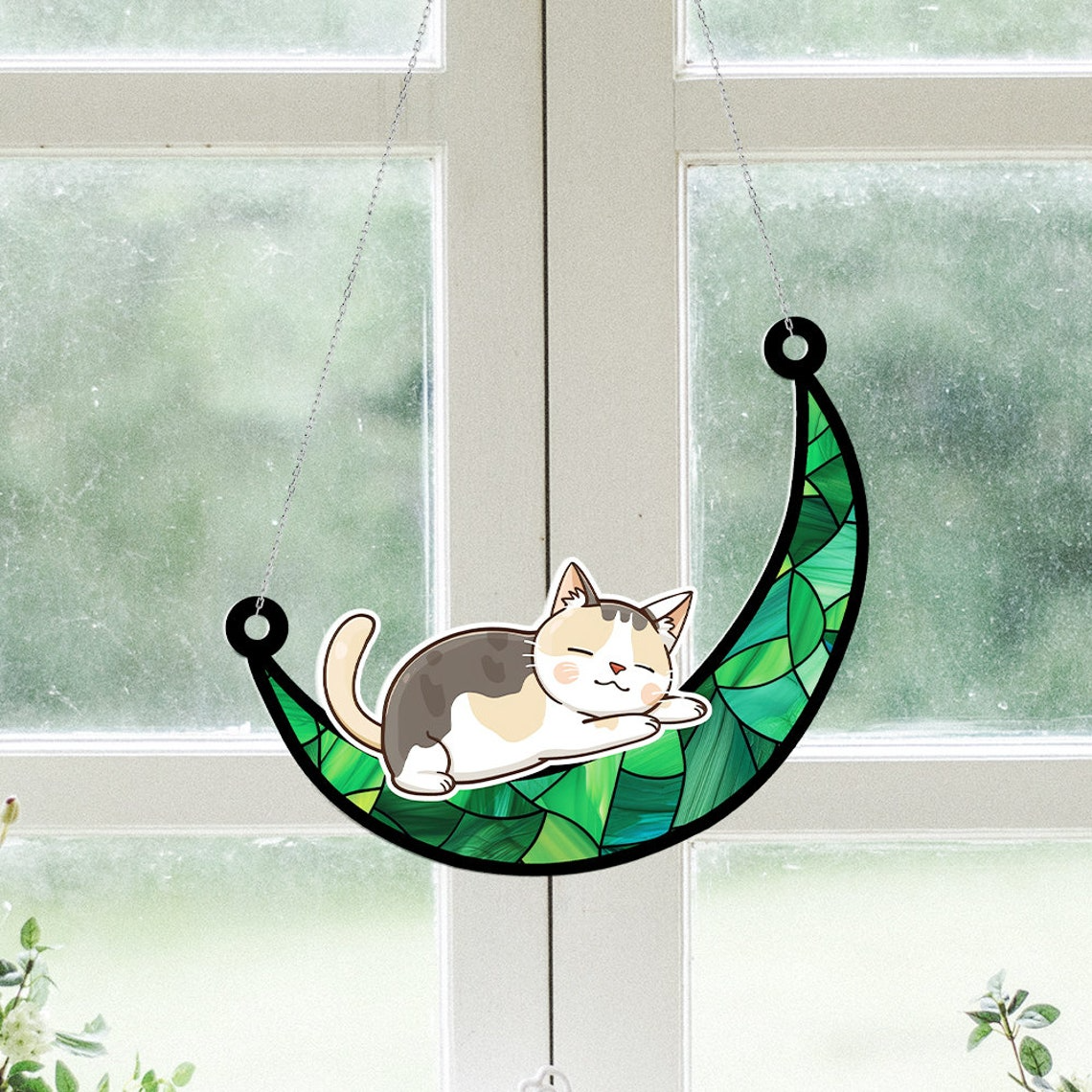 Baby Cat Sleeping on Moon Suncatcher, Cute Cat on Moon Window Hanging Ornament Decor