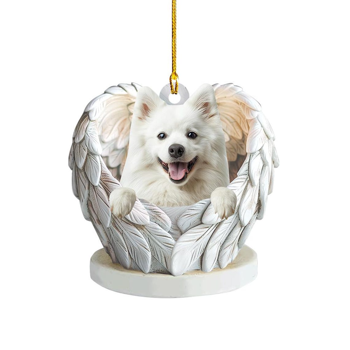 Christmas American Eskimo Dog Angel Wings Ornament, Cute White Dog Flat Hanging Decor Christmas Ornament