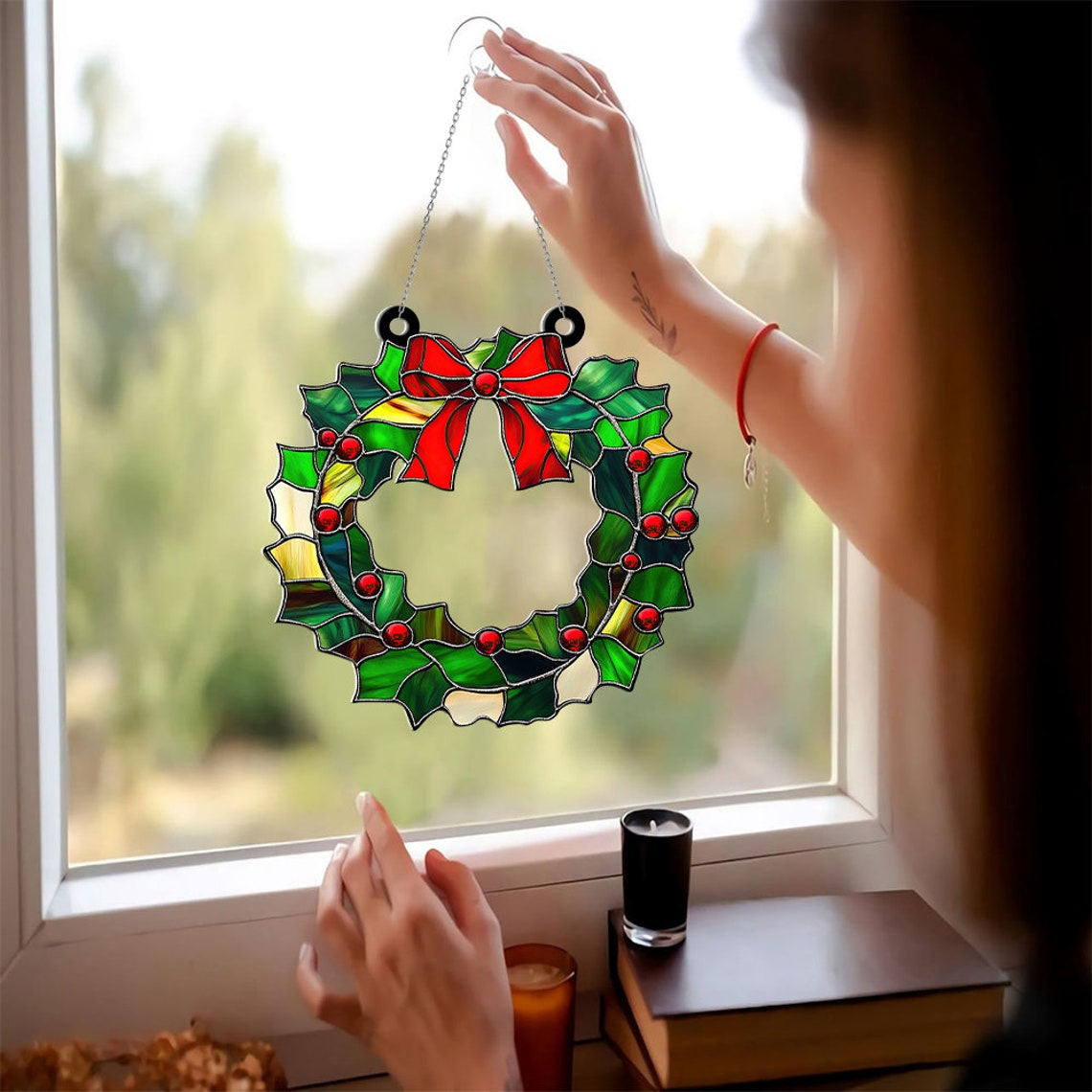 Christmas Wreath Suncatcher Ornament, Christmas Wreath Hanging Decor Gift