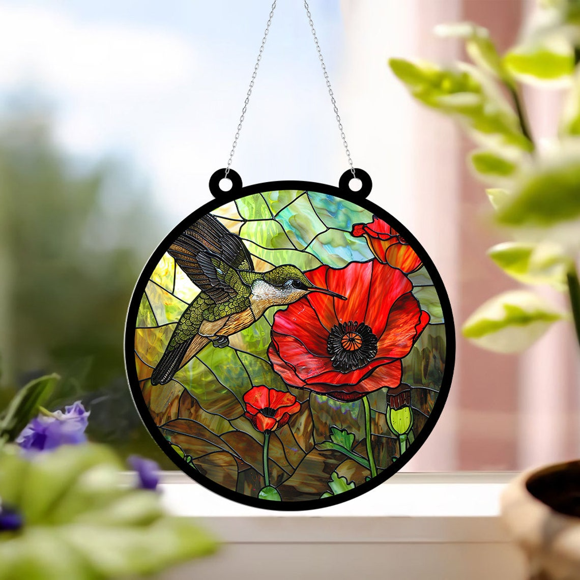 Hummingbird Poppy Stained Glass Suncatcher, Hummingbird Hanging Window Ornament Decor