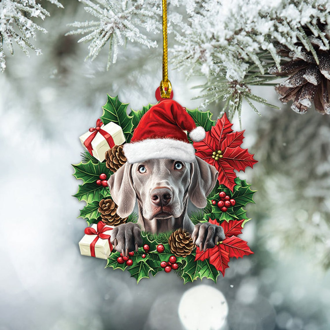 Weimaraner Dog Christmas Wreath Ornament, Weimaraner Dog Hanging Christmas Ornament