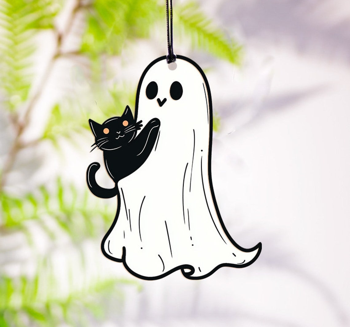 Cute Ghost And Black Cat Halloween Suncatcher Ornament, Cute Ghost Window Hanging Decor