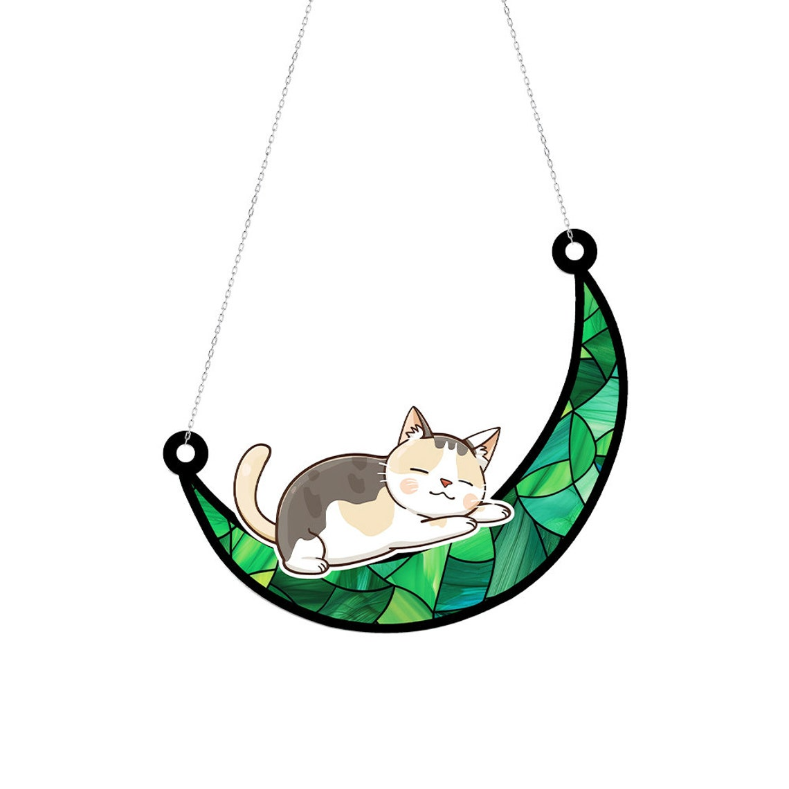 Baby Cat Sleeping on Moon Suncatcher, Cute Cat on Moon Window Hanging Ornament Decor