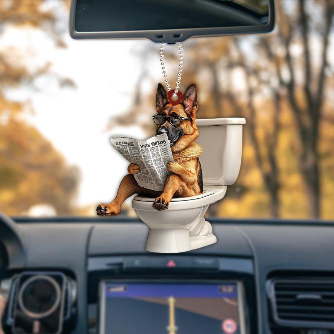 German Shepherd Dog Sitting On Toilet Ornament, Shepherd Dog Reading Newspaper Ornament