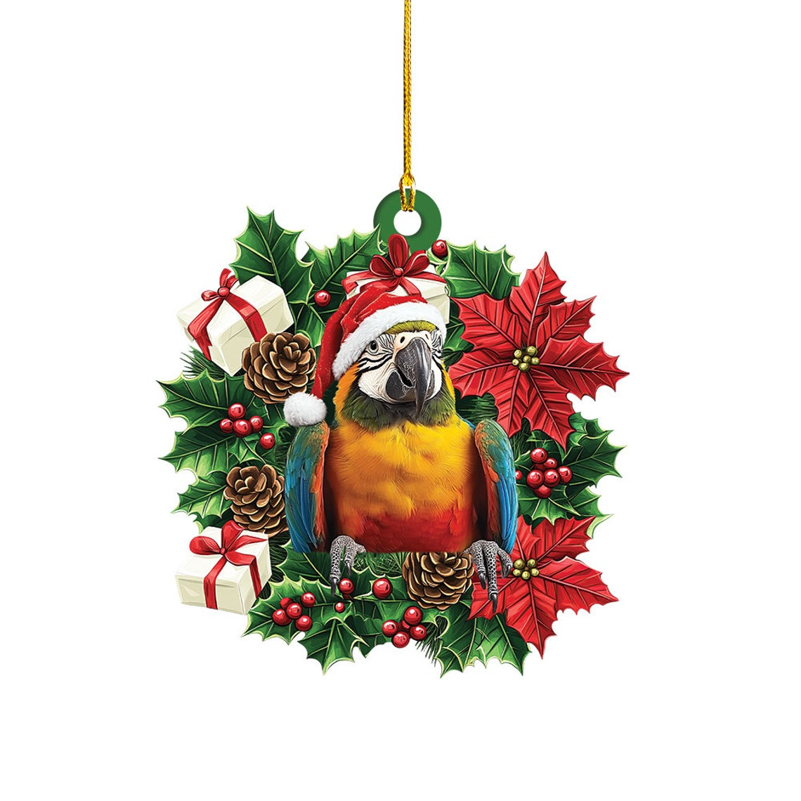 Parrot Hanging Christmas Tree Wreath Ornament, Cute Parrot Rearview Mirror Car Ornament