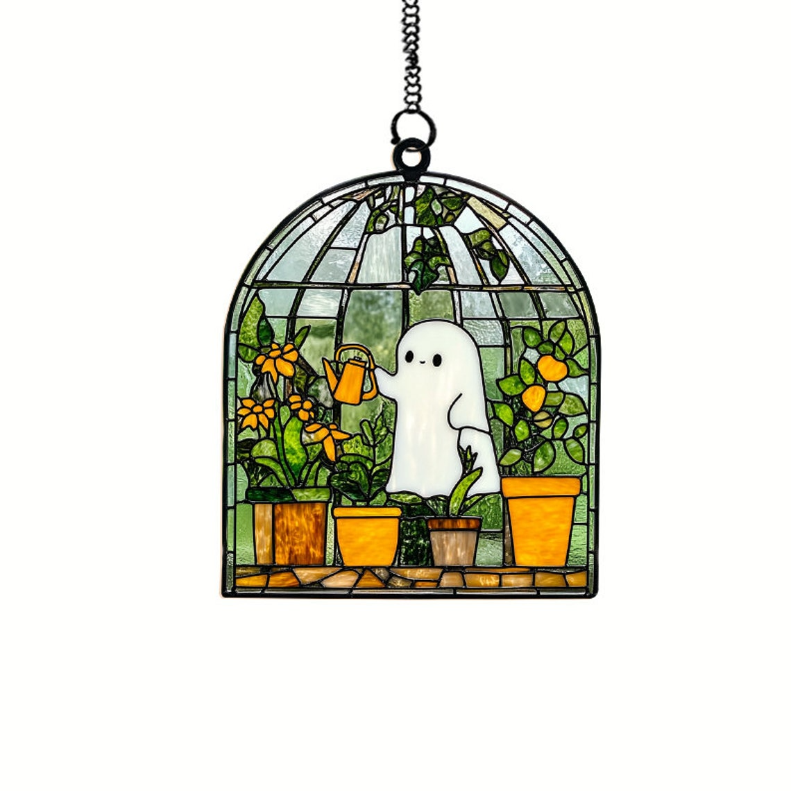 Cute Ghost Hanging Ornament, Ghost at Greenhouse Halloween Suncatcher Decor