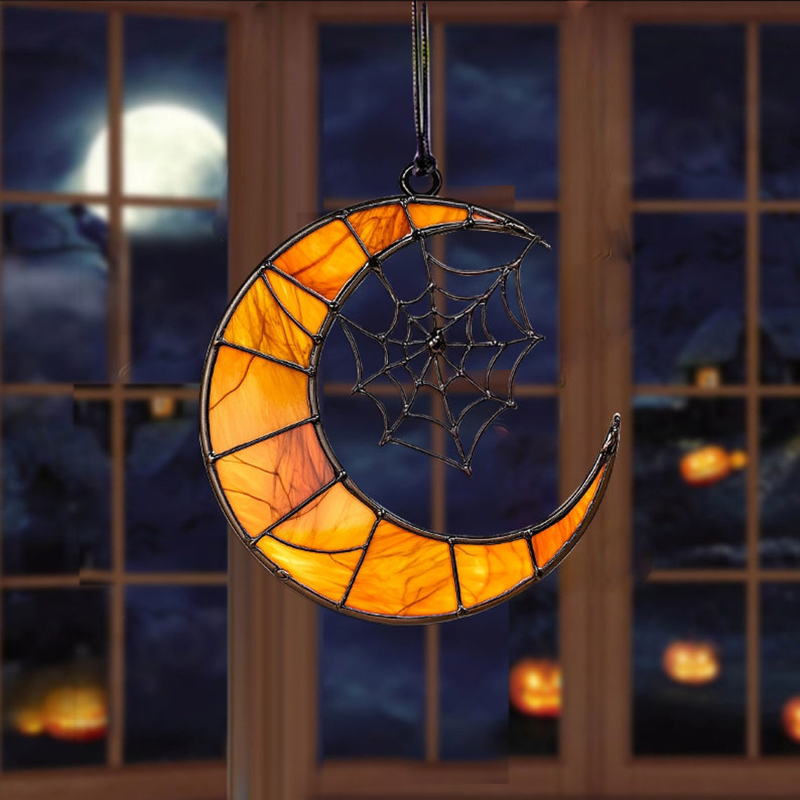 Moon Crest And Spider Web Suncatcher, Halloween Moon Crest And Spider Web Home