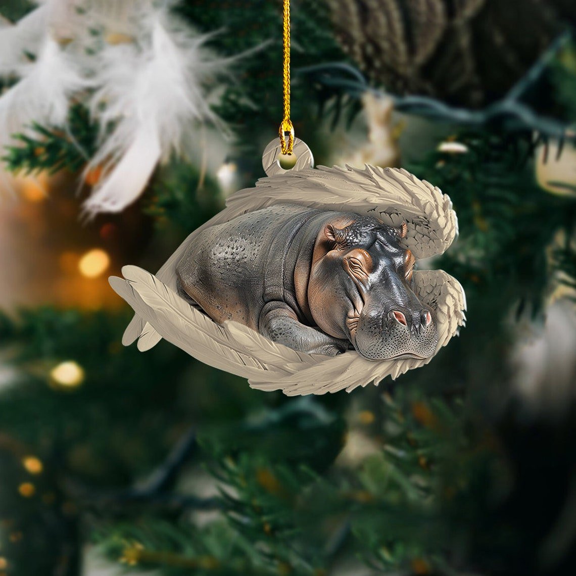 Hippo Sleeping Angel Hanging Ornament Decor, Hippo Angel Wings Christmas Ornament Holiday Gift