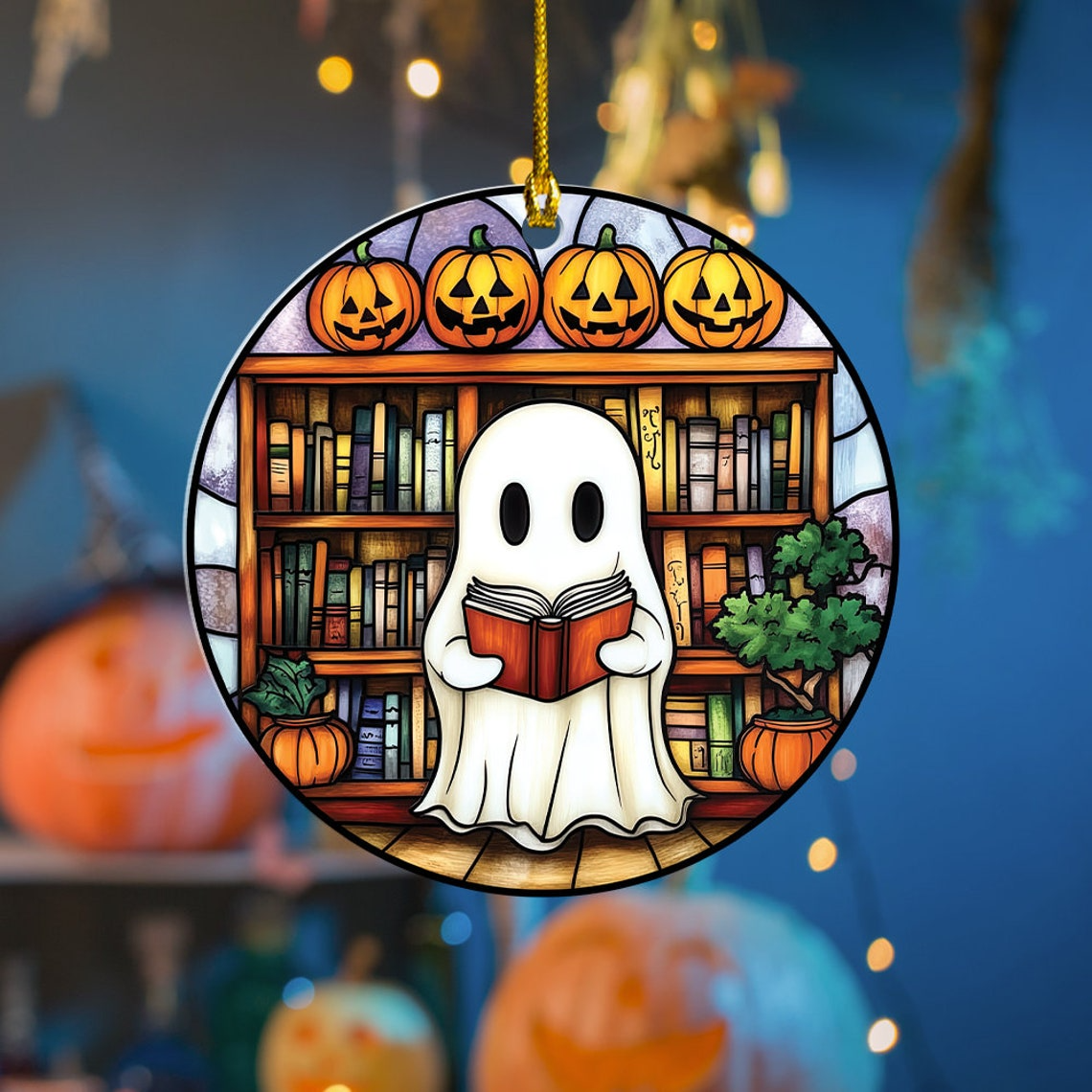 Ghost Read Book at the Library Circle Suncatcher, Cute Ghost Halloween Ornament