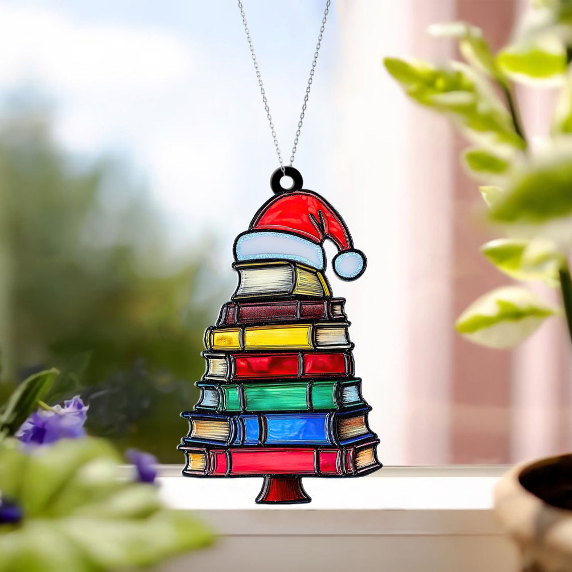 Bookstack Christmas Suncatcher Ornament, Reading Room Window Suncatcher Decor