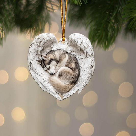 Lovely Husky Dog Sleeping Angel Wings Ornament, Dog Hanging Christmas Ornament Gift