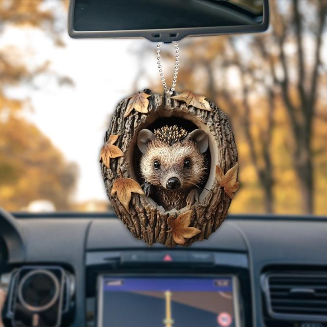 Hedgehog Christmas in a Hollow Tree Ornament, Hedgehog and Leavers Fall Hanging Ornament