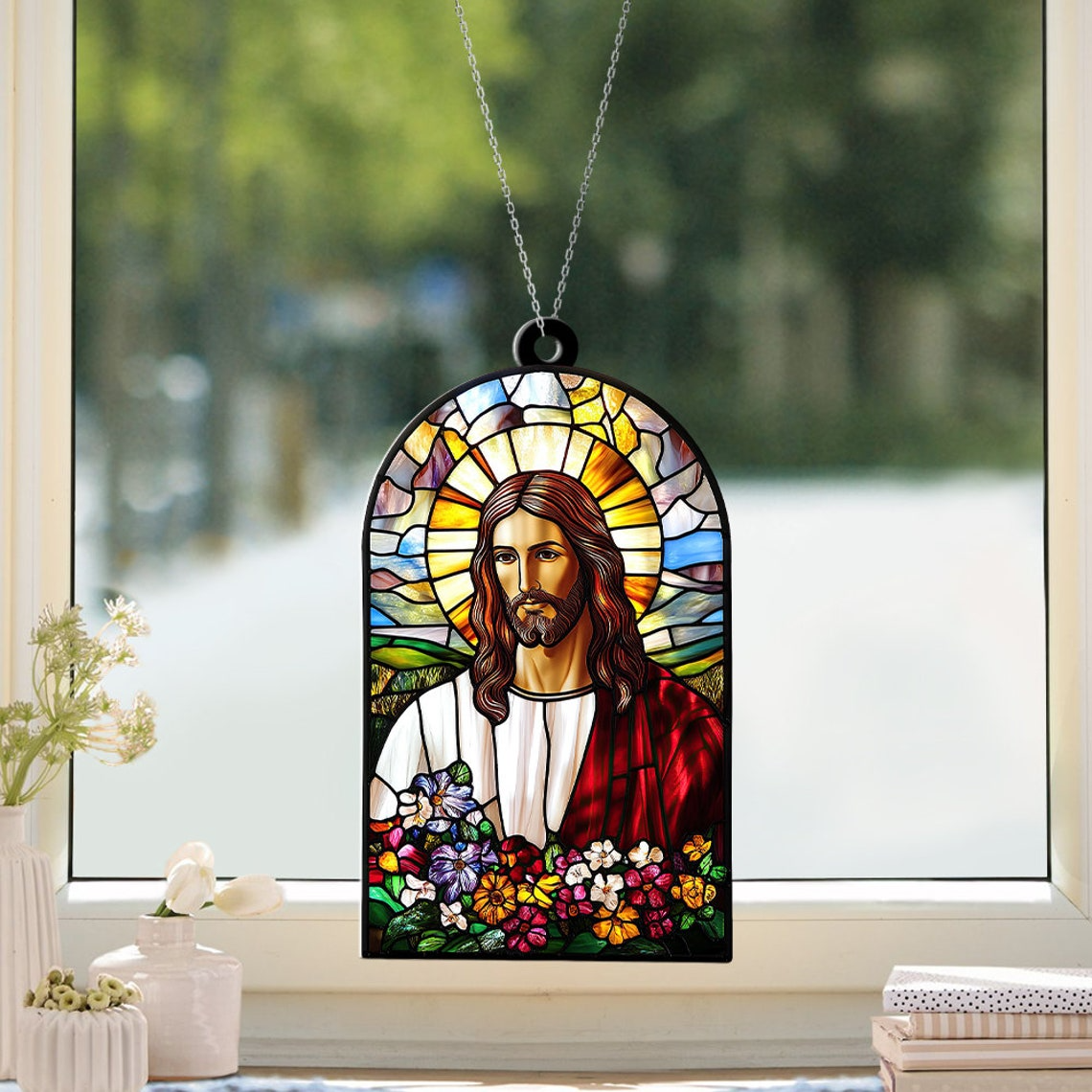 Jesus Hanging Suncatcher Ornament, Christian Faith God Window Suncatcher