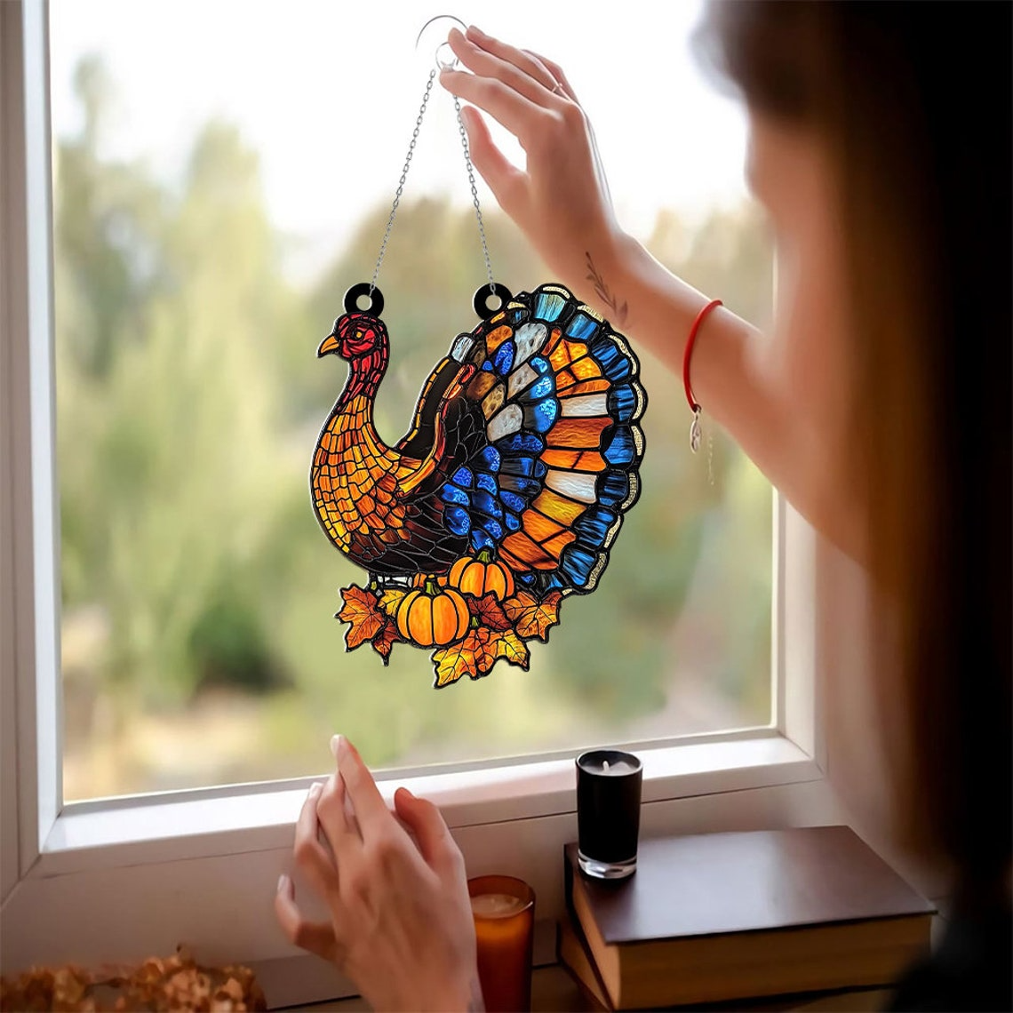 Turkey Thanksgiving Hanging Suncatcher, Turkey Thanksgiving Autumn Ornament Home Decor