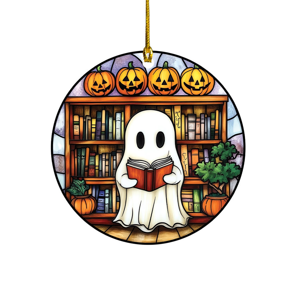 Ghost Read Book at the Library Circle Suncatcher, Cute Ghost Halloween Ornament