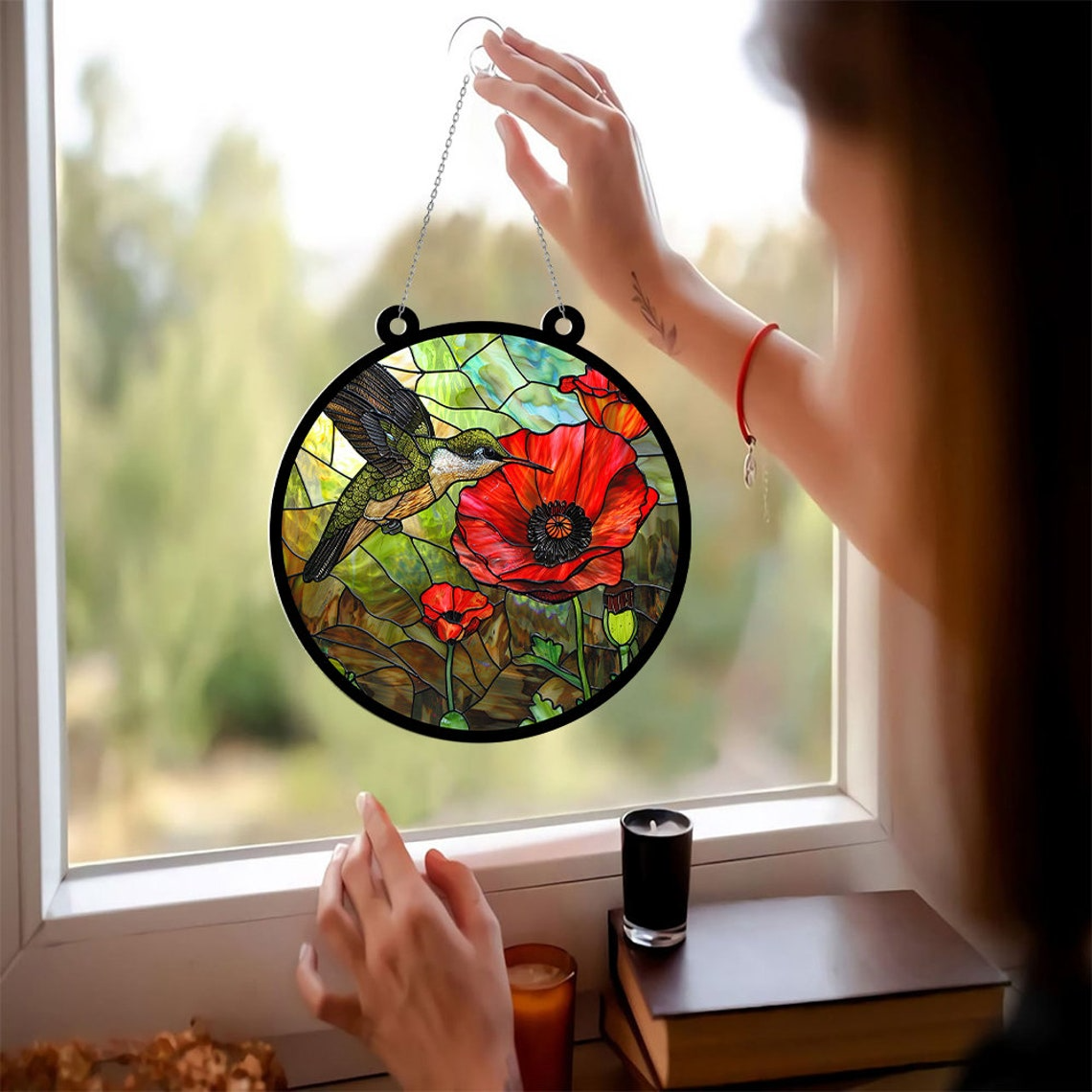 Hummingbird Poppy Stained Glass Suncatcher, Hummingbird Hanging Window Ornament Decor