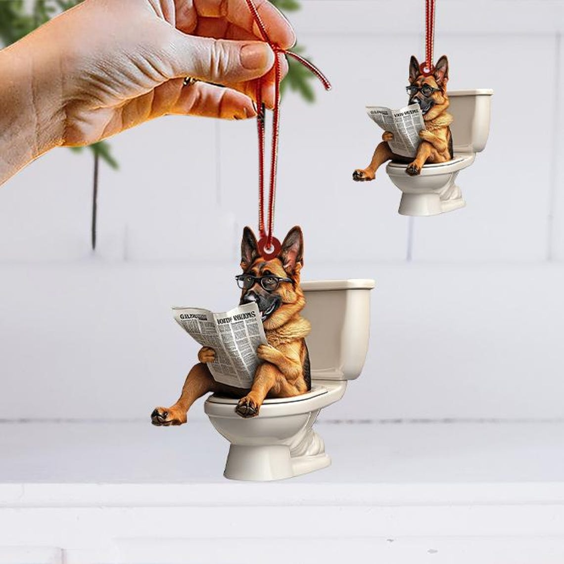 German Shepherd Dog Sitting On Toilet Ornament, Shepherd Dog Reading Newspaper Ornament