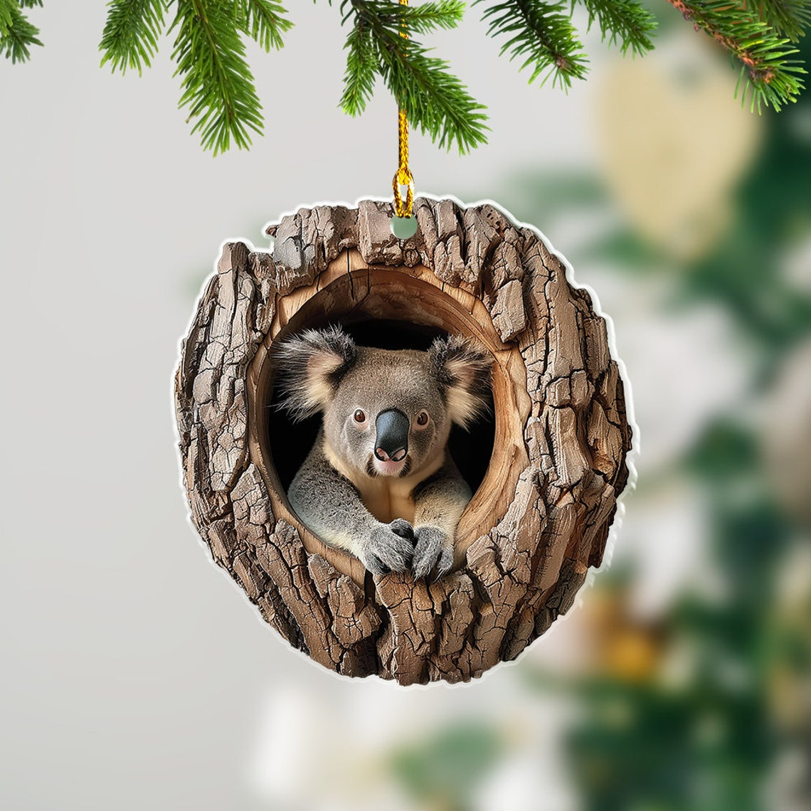 Unique Koala in a Hollow Tree Christmas Ornament, Koala Flat Car Ornament Christmas Decor Lovers Gift