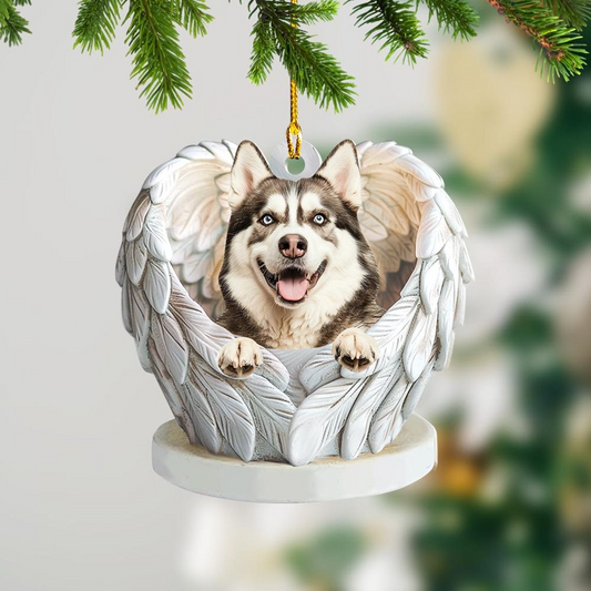 Cute Alaskan Malamute Dog Angel Wings Ornament, Christmas Alaskan Dog Flat Hanging Decor Ornament