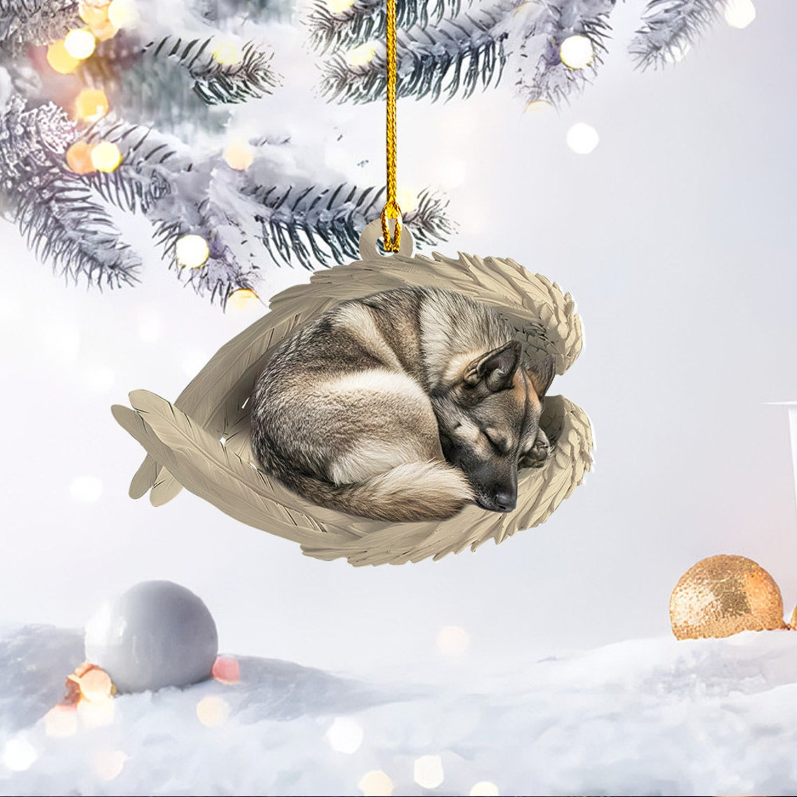 Norwegian Elkhound Dog Sleeping Angel Wings Ornament, Cute Elkhound Dog Christmas Ornament Gift