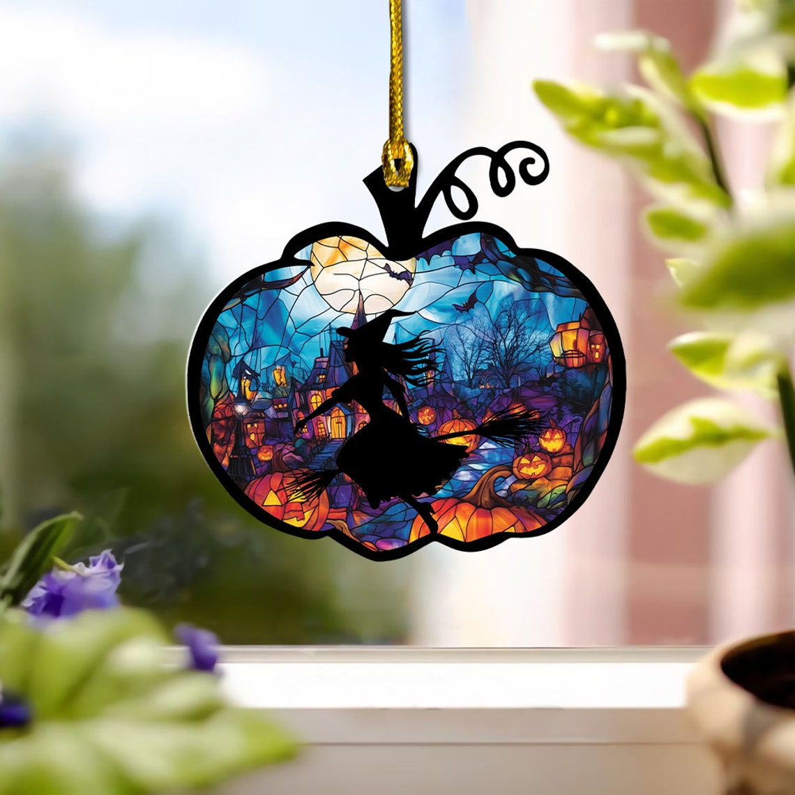 Witch in the Pumpkin Suncatcher Ornament, Halloween Witch Ornament Home Decor