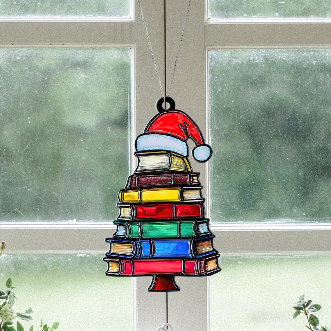 Bookstack Christmas Suncatcher Ornament, Reading Room Window Suncatcher Decor