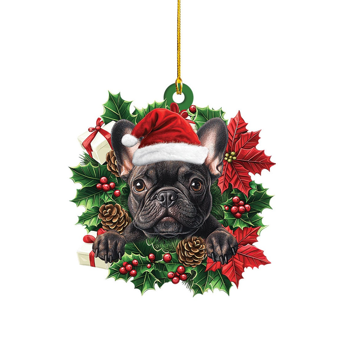 French Bulldog Christmas Wreath Ornament Decor, French Bulldog Christmas Ornament Holiday Gift