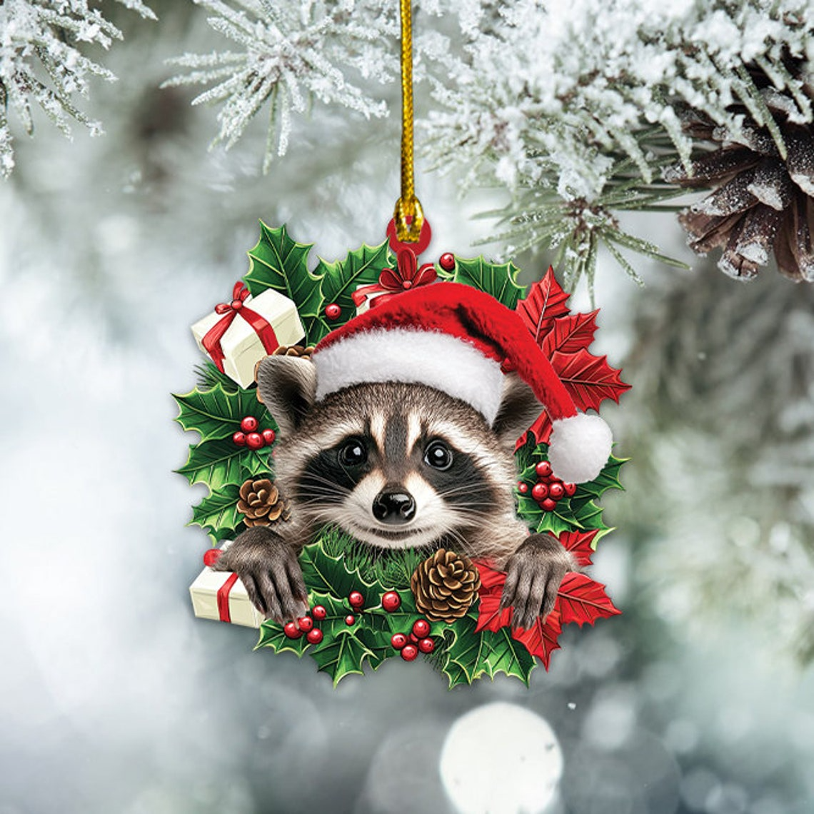 Raccoon Christmas Tree Wreath Ornament, Raccoon Hat Santa Hanging Christmas Ornament