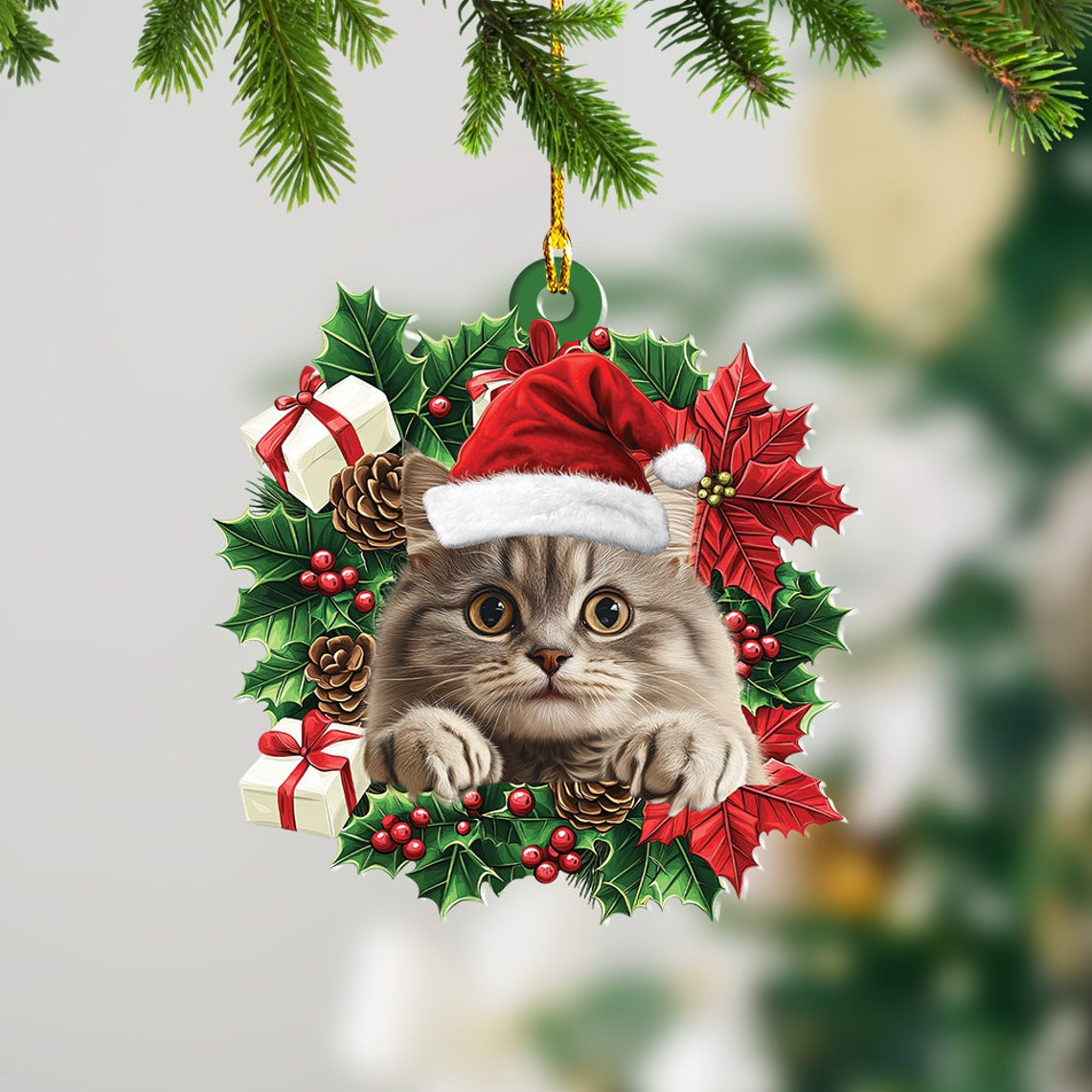 British Longhair Cat Christmas Wreath Ornament, Cute Cat Christmas Ornament Decor Gift