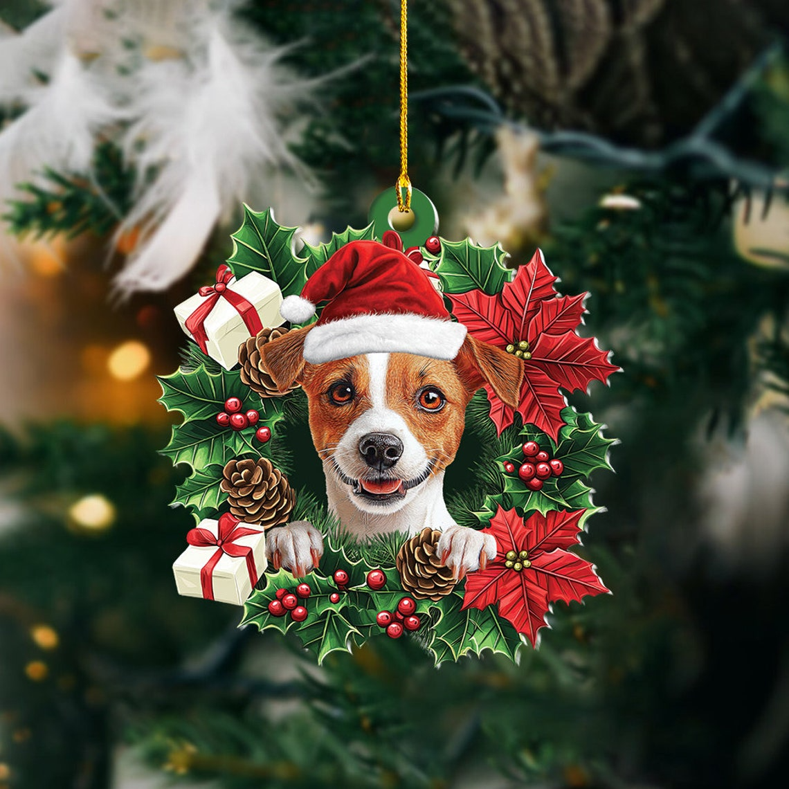 Jack Russell Terrier Dog Christmas Wreath Ornament, Jack Russell Terrier Dog Christmas Ornament