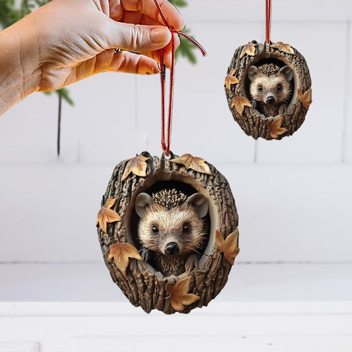 Hedgehog Christmas in a Hollow Tree Ornament, Hedgehog and Leavers Fall Hanging Ornament