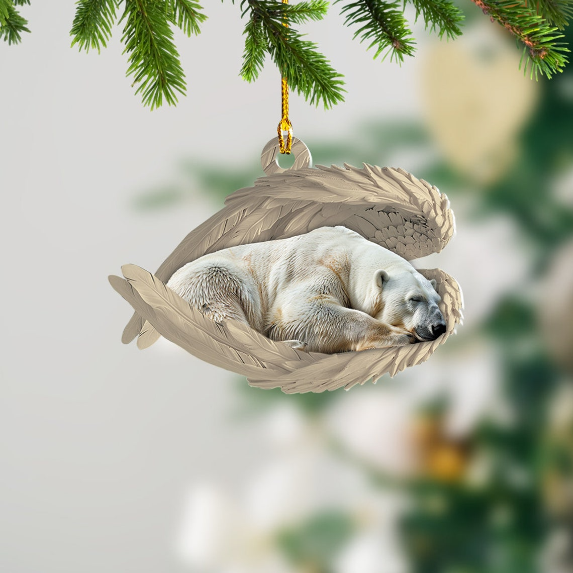 Bear Sleeping Angel Christmas Decor Ornament, Polar Bear Angel Wings Ornament Christmas Giftt