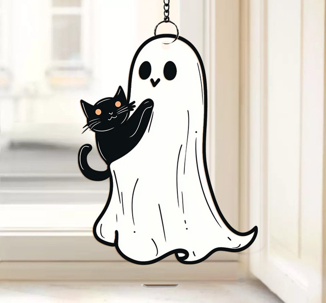 Cute Ghost And Black Cat Halloween Suncatcher Ornament, Cute Ghost Window Hanging Decor