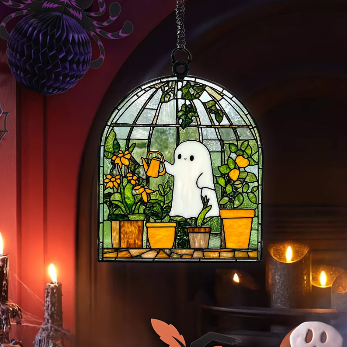 Cute Ghost Hanging Ornament, Ghost at Greenhouse Halloween Suncatcher Decor