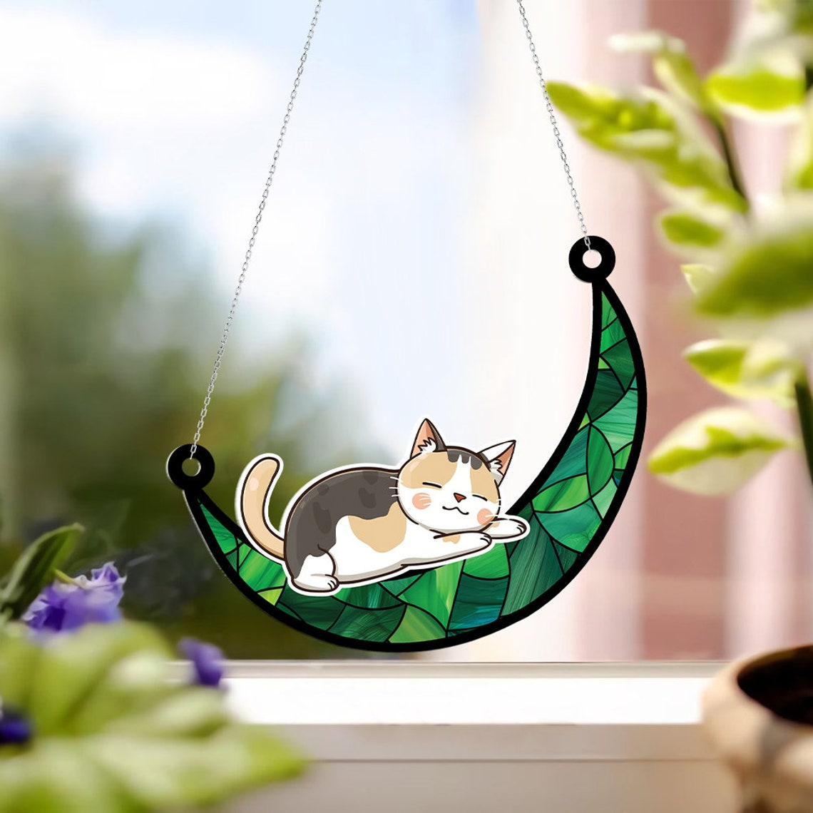 Baby Cat Sleeping on Moon Suncatcher, Cute Cat on Moon Window Hanging Ornament Decor