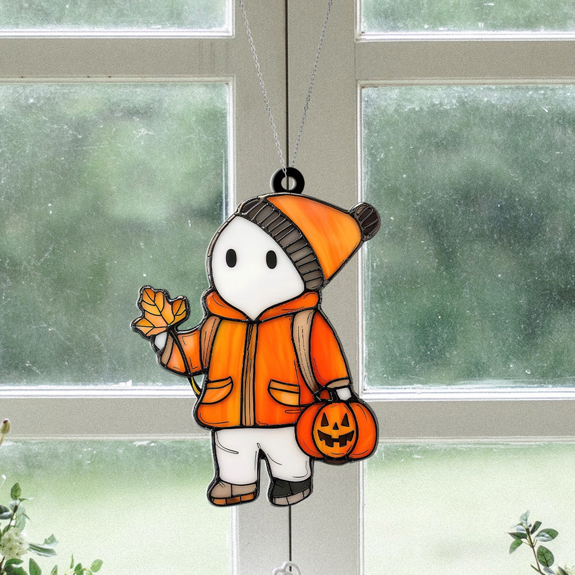 Ghost with Leaves Fall and Pumpkins Halloween Suncatcher, Halloween Cute Ghost Ornament,