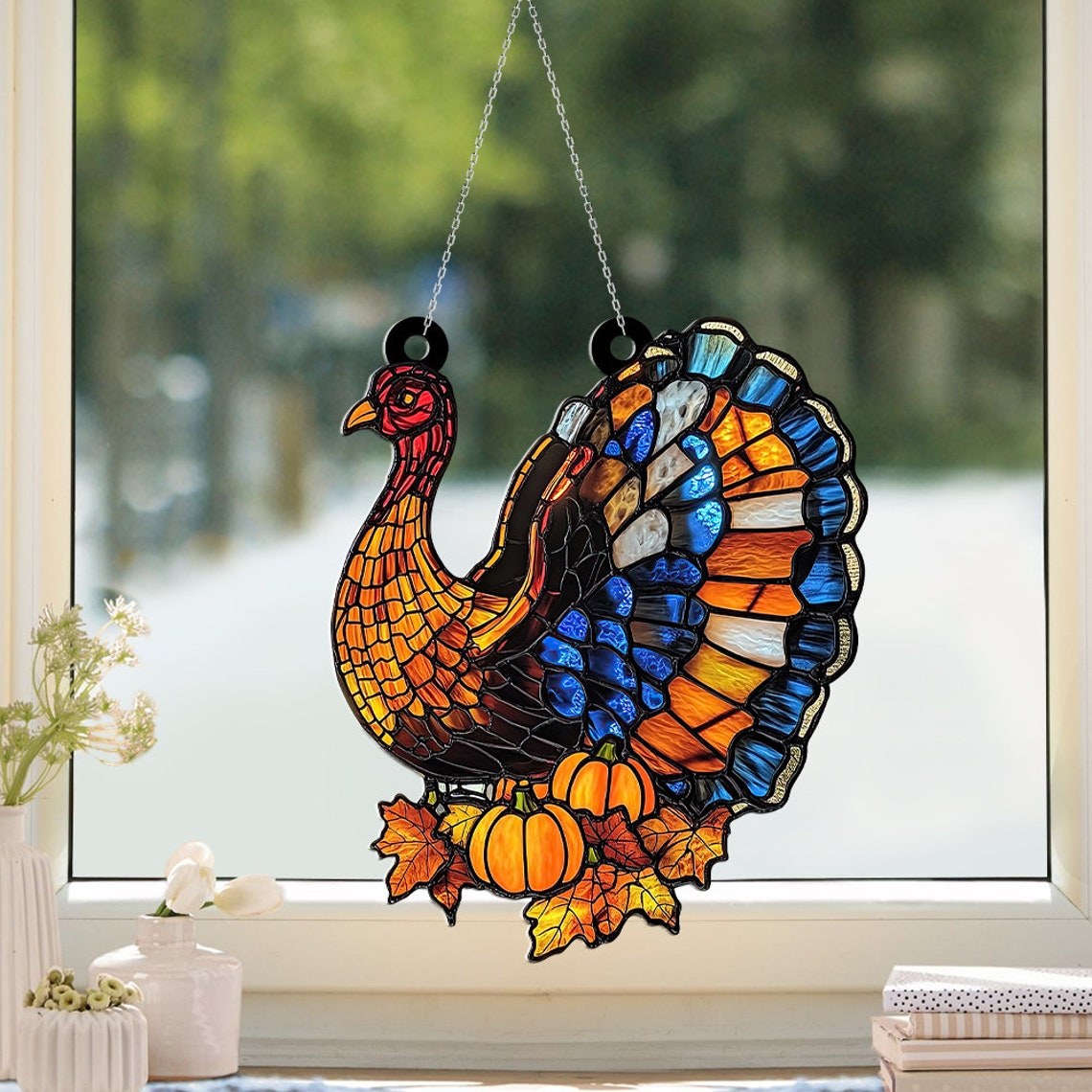 Turkey Thanksgiving Hanging Suncatcher, Turkey Thanksgiving Autumn Ornament Home Decor