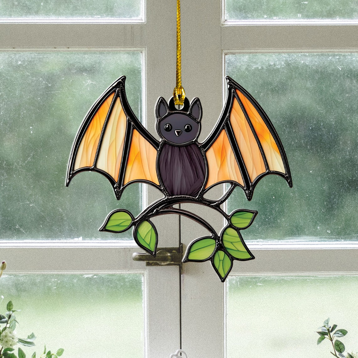 Bat on Tree Branches Halloween Hanging Suncatcher, Bat Suncatcher Halloween Decor