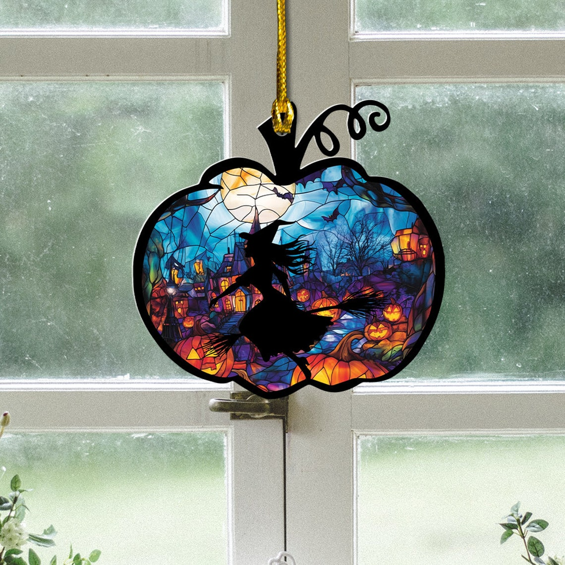 Witch in the Pumpkin Suncatcher Ornament, Halloween Witch Ornament Home Decor