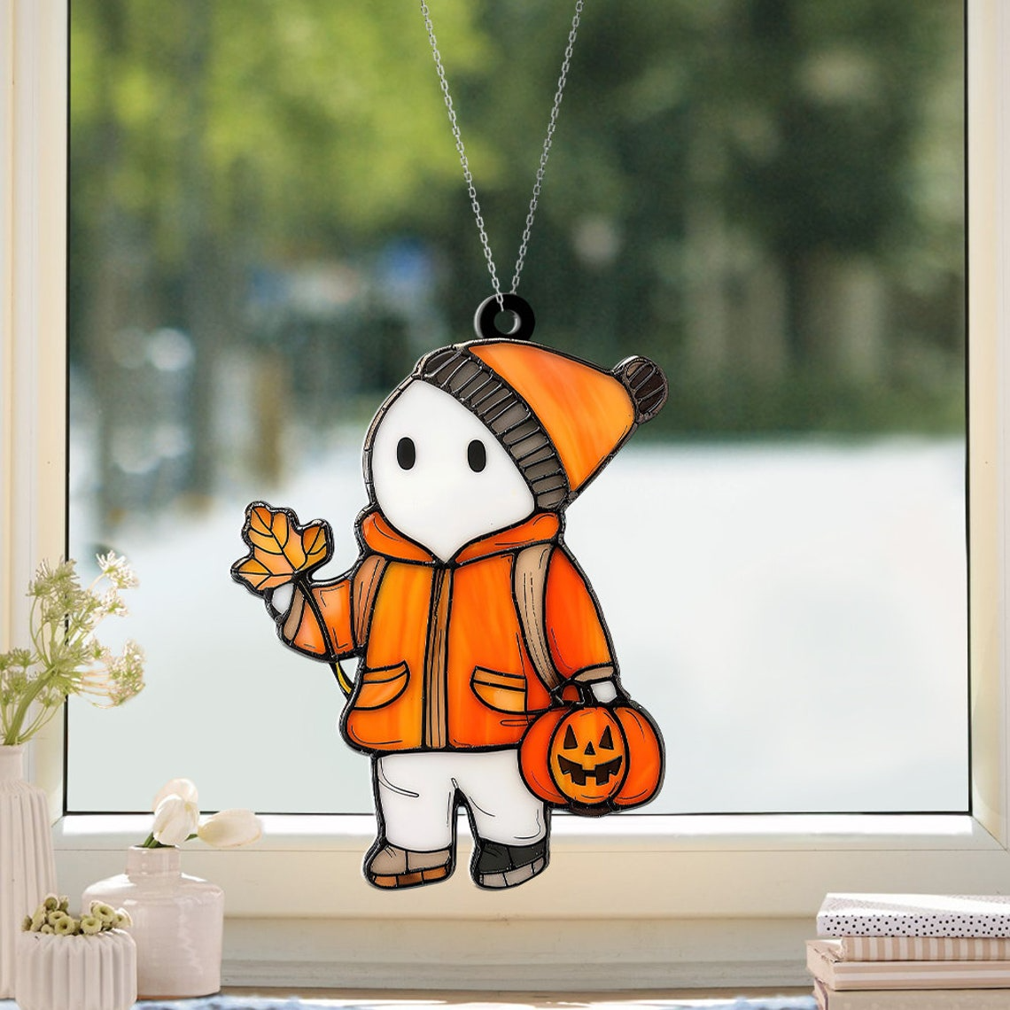 Ghost with Leaves Fall and Pumpkins Halloween Suncatcher, Halloween Cute Ghost Ornament,