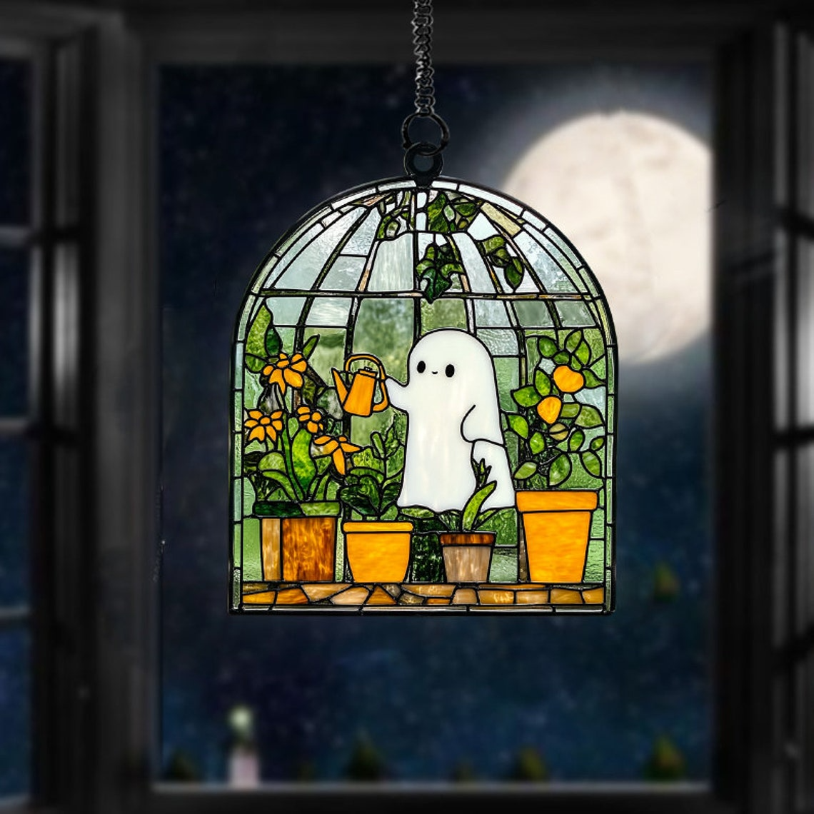 Cute Ghost Hanging Ornament, Ghost at Greenhouse Halloween Suncatcher Decor