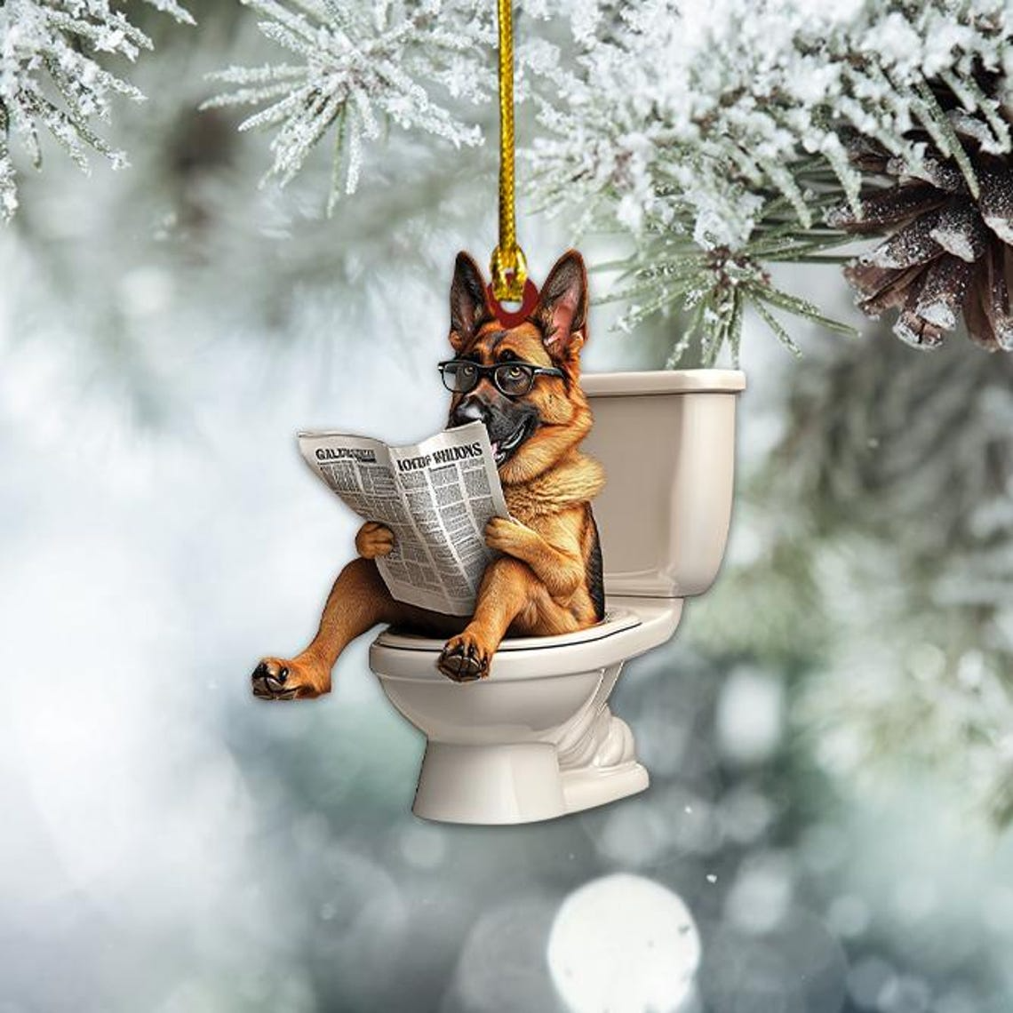 German Shepherd Dog Sitting On Toilet Ornament, Shepherd Dog Reading Newspaper Ornament