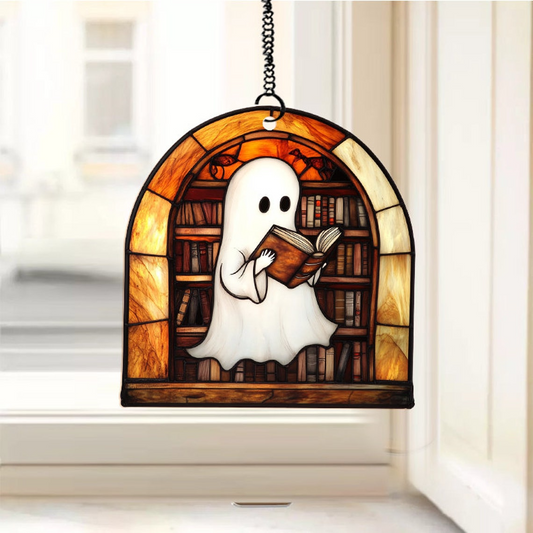 Cute Ghost Reading Book Halloween Stained Glass, Cute Ghost Suncatcher Decor