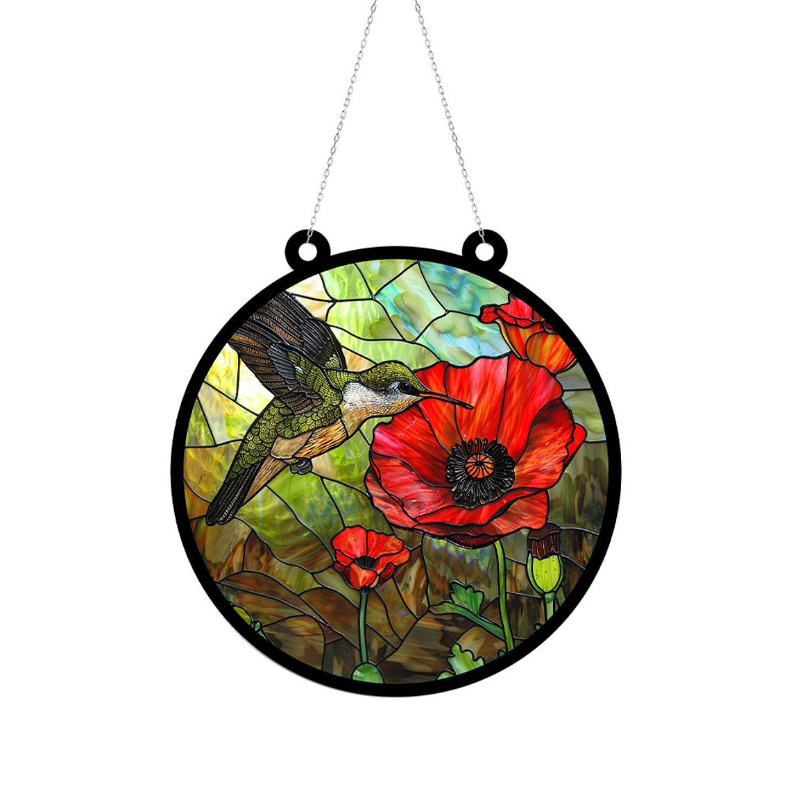 Hummingbird Poppy Stained Glass Suncatcher, Hummingbird Hanging Window Ornament Decor