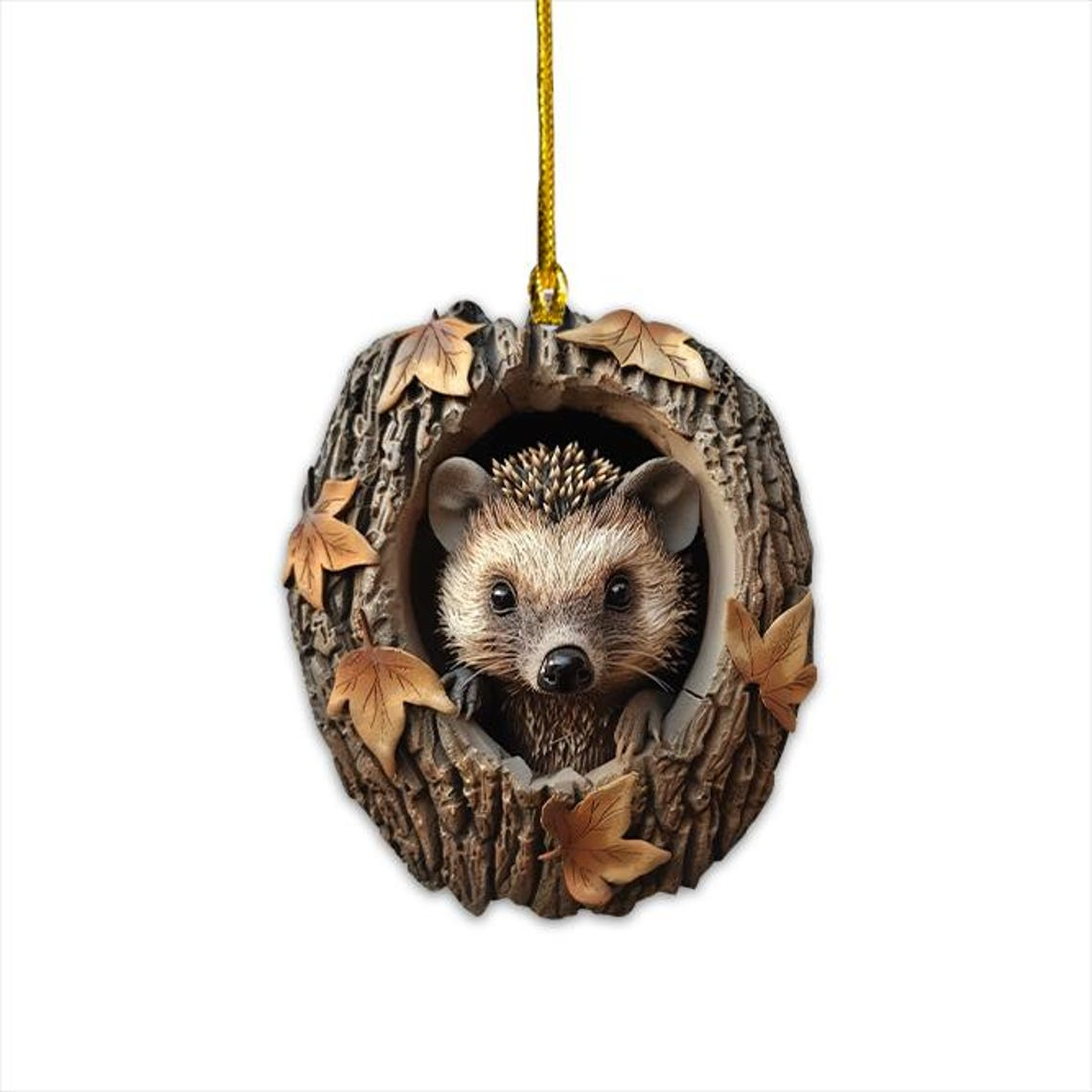 Hedgehog Christmas in a Hollow Tree Ornament, Hedgehog and Leavers Fall Hanging Ornament